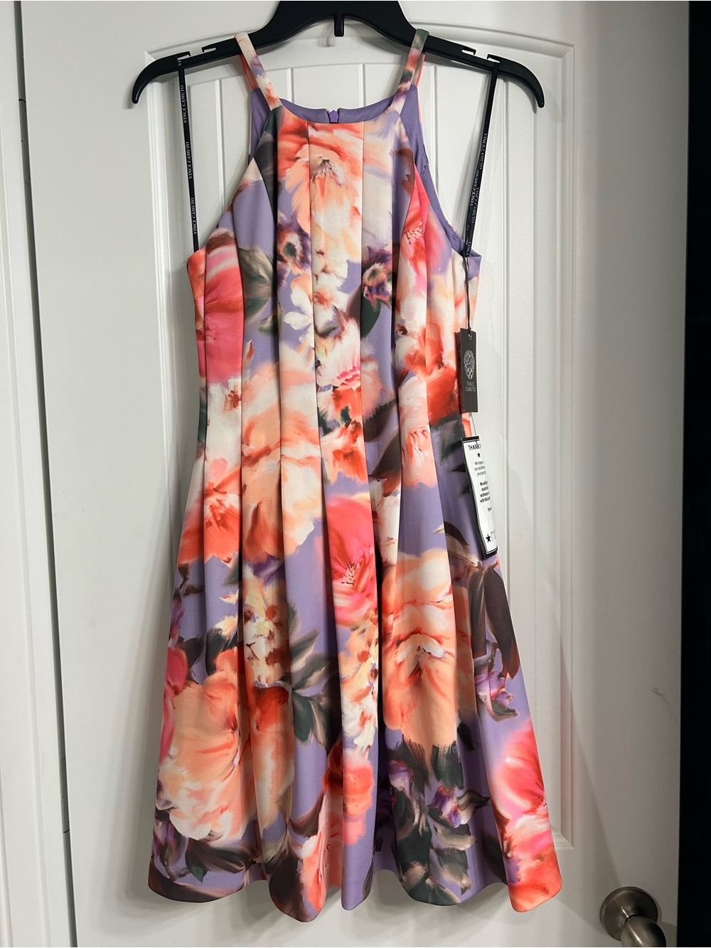 NWT Vince Camuto Floral Pleated Fit & Flare Dress in Lavender and Coral SZ 0